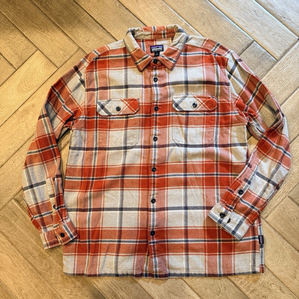 Patagonia Flannel Shirt Mens Large Gray Rust Plaid Organic Cotton Workwear